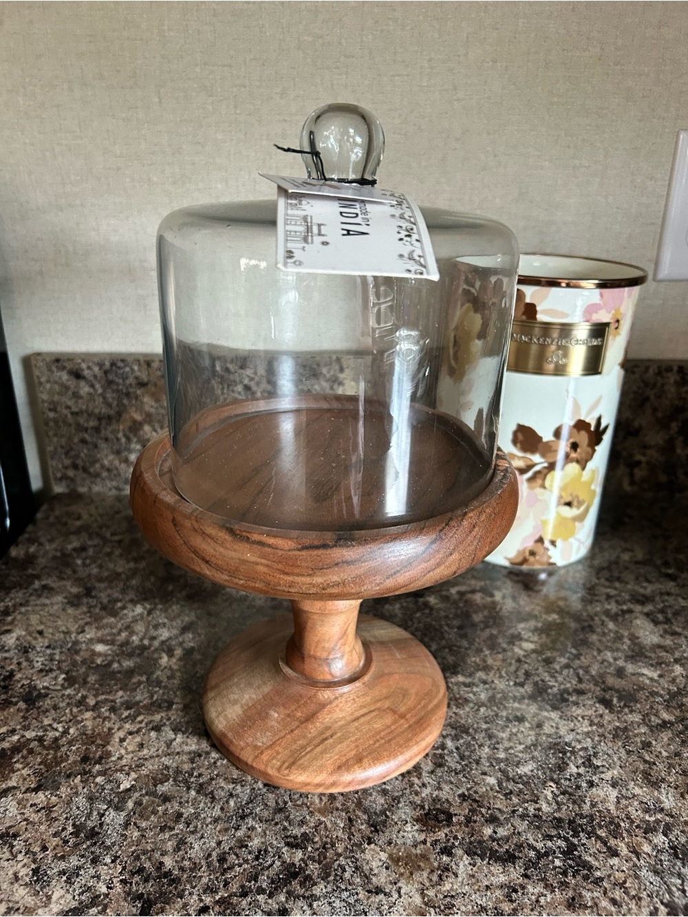 New with tags wooden dessert stand with cloche” . Small irregularity in the wood